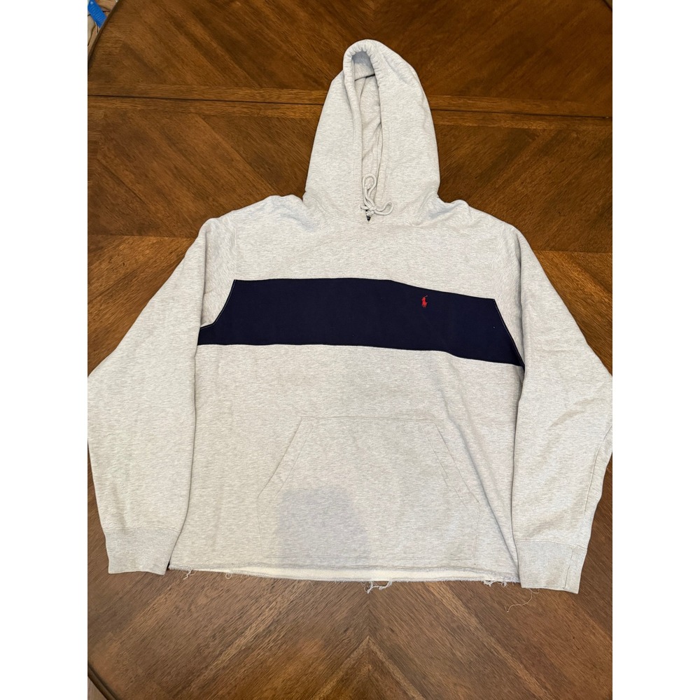 Polo Ralph Lauren Hoodie Mens‎ XXL Grey Navy Blue Stripe Raw Hem Pullover Pony